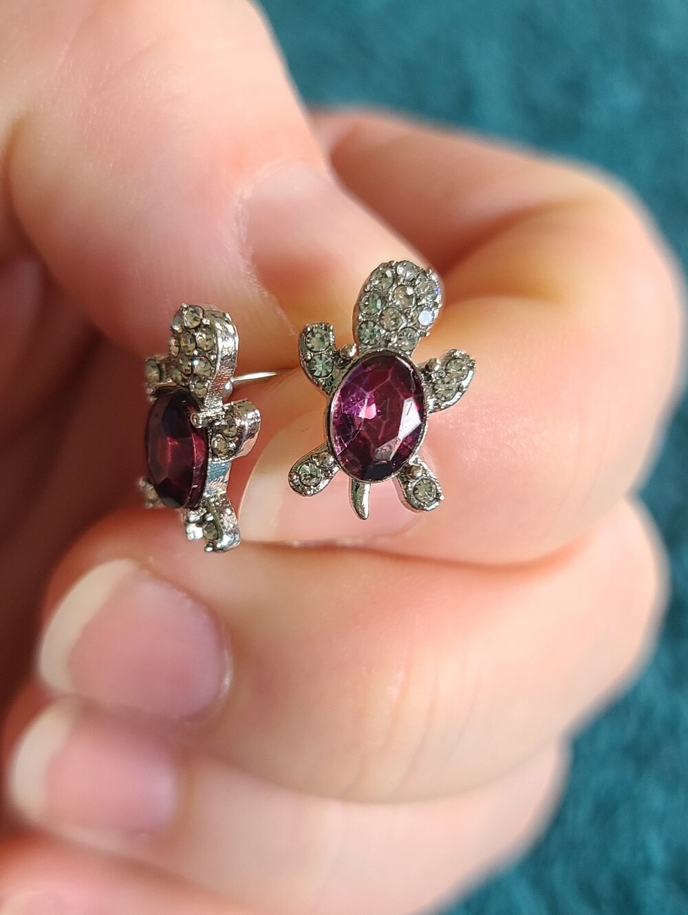 Turtle Stud Earrings with Purple Gem and Crystal Accents